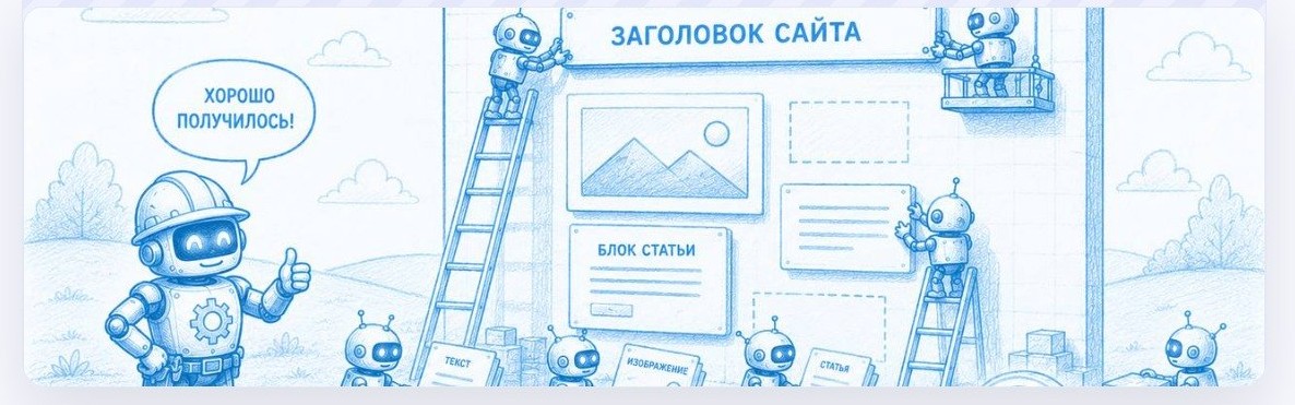 Robot builders assemble a website: some bring text, an image, and an article on wheelbarrows, another hangs a block, at the top is the site title, the foreman gives a thumbs up
